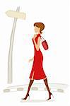 illustration of fashionable lady walking in street..