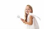 Little fairy angel with magic wand laughing - isolated with copy space