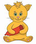 Cheerful red toy cat smiling and holding sausage in his paws