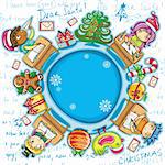 Christmas holiday composition:  Happy children writing letters to Santa. Decorations, Presents,  Christmas tree, gingerbread man, snowflakes. place for your own text.