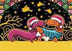 Chrismas theme: Colorful Christmas greeting card with cute Santa Dachshunds, celebrating Christmas, with bone present. With sace for your text.