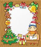 Little boy, wearing Santa hat, writing a letter to Santa . Lots of Christmas ornaments and decorations. Christmas kids series 1