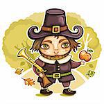 Thanksgiving holiday theme: Pilgrim boy in the autumn forest. Raffle, apple, falling leaves.