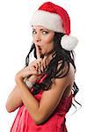 close up portrait elegant and pretty young woman in red dress and a santa claus christmas hat