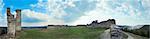 Spring panorama view of fortress ruins (Kremenets town, Ternopil Oblast, Ukraine). Built in 13th century.   Five shots stitch image.