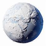 Winter planet Earth - covered in snow and ice planet with a real detailed terrain, soft shadows and volumetric clouds on a white background