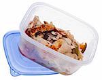 Leftover Roasted Chicken with Vegetables in a Plastic Storage Container with Lid Isolated on White.