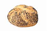 Close-up of a poppy seed bun isolated on white background. Shallow dof