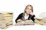 little thinking student blond braided girl with glasses smiling stacked books on white background