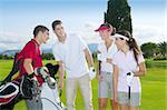 Golf course people group young players team grass field