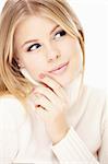 Portrait of the mysterious blonde isolated on a white background