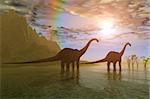 Two Diplodocus dinosaurs wade through shallow water to eat some vegetation.