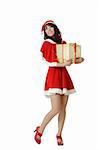 Happy Christmas girl holding gift with smiling isolated over white.