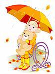 Little girl and Teddy Bear under umbrella