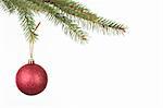 Red Christmas Ball hanging on a red Band from a tree branch