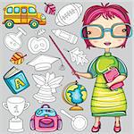 Cute cartoon teacher and school doodle icons