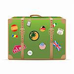 Vintage suitcase with travel stickers isolated on white. Vector illustration