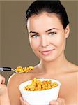 Portrait of beautiful woman, she eating cornflakes