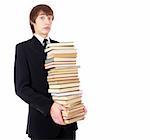 student with many books is shocked. Isolated at white background