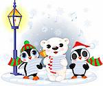 Christmas carolers – cute polar bear and two penguins- under streetlight