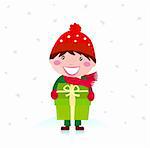 Christmas boy with present. Snow flakes falling around. Vector Illustration.