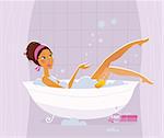Woman bathing in bathtub in pink bathroom. Stylized vector Illustration.
