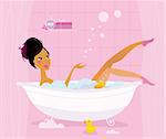 Young woman taking bubble bath in pink bathroom. Stylized vector Illustration.