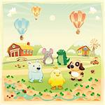 Baby farm animals in the countryside. Funny cartoon and vector illustration, isolated objects.