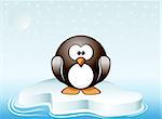 Illustration of a lone penguin traveling on melting iceberg. Symbolizing global warming