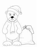 Teddy bear Santa Claus with a bag of Christmas gifts, contours