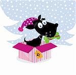 Cute black dog with Santa hat in winter nature. Vector Illustration.