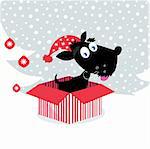 Black dog puppy sitting in a christmas present. Vector Illustration