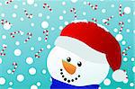 Vector of a happy snowman with santa hat looks upon falling snow and candy canes