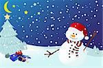 Vector of snowman on a snowy winters night, with presents underneath a christmas tree with star