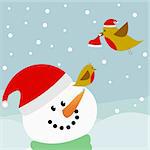 Vector of two red robin birds and a snowman on a snowy background