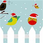 Vector christmas scene with two birds sitting on a picket fence, one bird flying with a candy cane, and a bird singing christmas carols