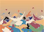 Vector design of a flock of colorful pigeons taking off