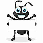 vector illustration of a cute little black ant with blank sign. No gradient.