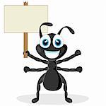 vector illustration of a cute little black ant with wood sign. No gradient.