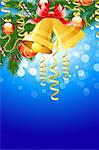 Illustration of christmas fir tree with bells and decoration on abstract blue background