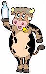 Cartoon cow holding bottle of milk - vector illustration.