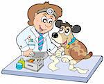 Dog with sick paw at veterinarian - vector illustration.