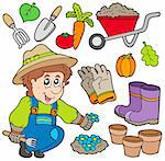 Gardener with various objects - vector illustration.