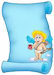 Blue scroll with Cupid holding gift - color illustration.