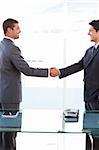 Cheerful businessmen closing a deal by shaking their hands at the office