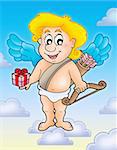 Cupid with gift on blue sky - color illustration.