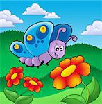 Cute butterfly near red flowers - color illustration.