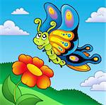 Cute butterfly with red flower - color illustration.