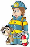 Firefighter with dog and extinguisher - color illustration.