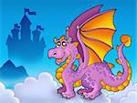 Big purple dragon near castle - color illustration.